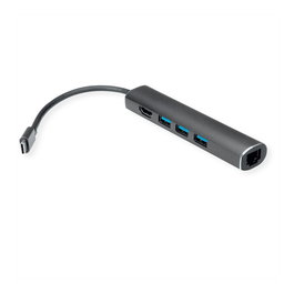VALUE USB Tipo C Dockingstation HDMI 4K, 3x USB Tipo A y Gigabit Ethernet, gris