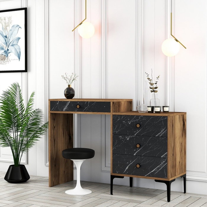 Hanah Home Mesa de Maquillaje Lizbon 555 Nogal y Negro, Tocador con Cajones 124cm Ancho, 84.7cm Alto, 40cm Fondo