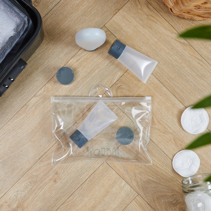 Jet Lag Kit Viaje 3 Frascos 80ml/50ml y 2 Botes 12ml con Bolsa Zip