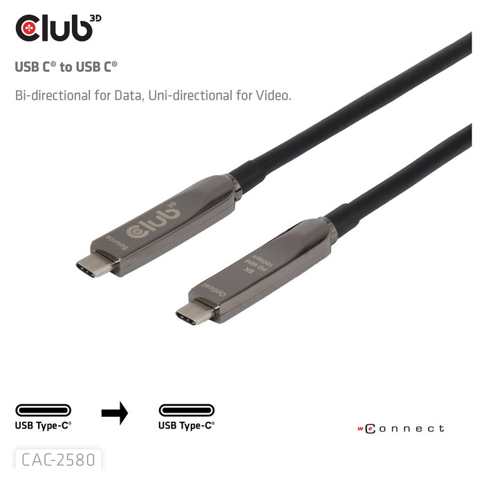 Club 3D USB Type C CAC-2580 Cable USB-C a USB-C 15 m Negro, Bi-Direccional, 10 Gbit/s, USB PD 60W, Carga Rápida, Plug and Play