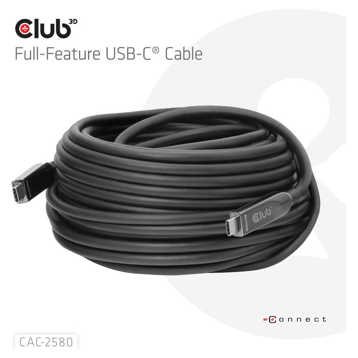 Club 3D USB Type C CAC-2580 Cable USB-C a USB-C 15 m Negro, Bi-Direccional, 10 Gbit/s, USB PD 60W, Carga Rápida, Plug and Play
