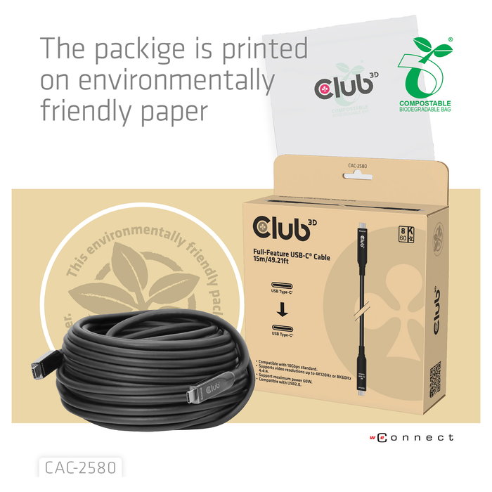 Club 3D USB Type C CAC-2580 Cable USB-C a USB-C 15 m Negro, Bi-Direccional, 10 Gbit/s, USB PD 60W, Carga Rápida, Plug and Play