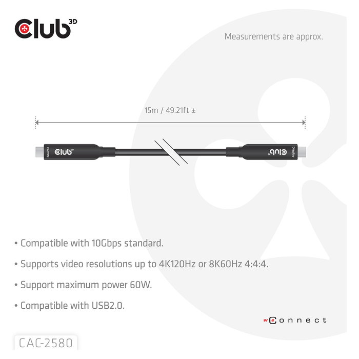 Club 3D USB Type C CAC-2580 Cable USB-C a USB-C 15 m Negro, Bi-Direccional, 10 Gbit/s, USB PD 60W, Carga Rápida, Plug and Play