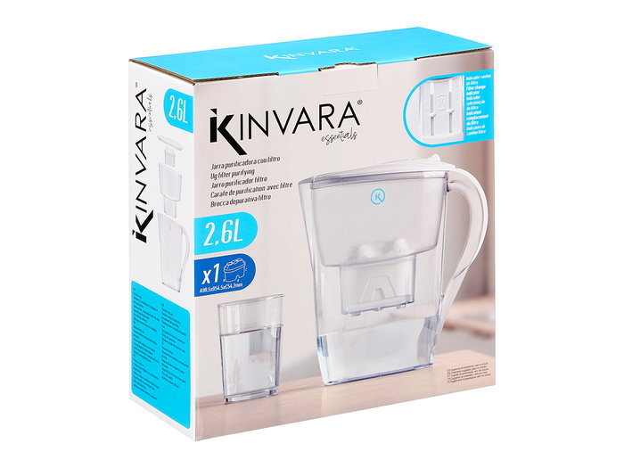 Kinvara Jarra Purificadora de Agua con Filtro 2,6L, Capacidad 2.6 Litros, Dimensiones 26x26.5x10.8 cm, Color Blanco Transparente (Set de 6)