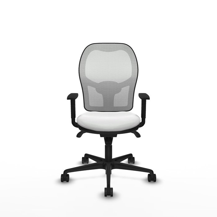 Silla de oficina Jorquera con mecanismo Sincro tapizada con Tela color Blanco. Equipada con lumbar 1D, Brazos 1D y Ruedas 65mm nailon