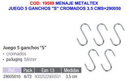 METALTEX Juego de 5 Ganchos en 'S' Cromados de 3.5 cm