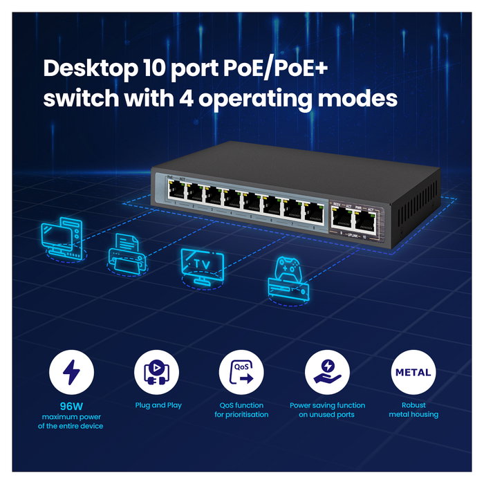 Extralink Ceres EX-SF1008P Switch PoE de 10 Puertos (8x PoE/PoE+)