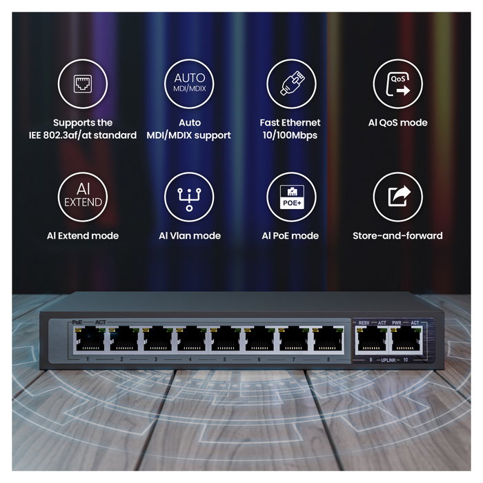 Extralink Ceres EX-SF1008P Switch PoE de 10 Puertos (8x PoE/PoE+)