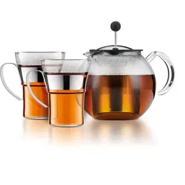 Bodum 0699965429928 Tetera con Prensa Assam Set 1,0 l con Tapa y Filtro + 2 Tazas de Cristal 0,35 l