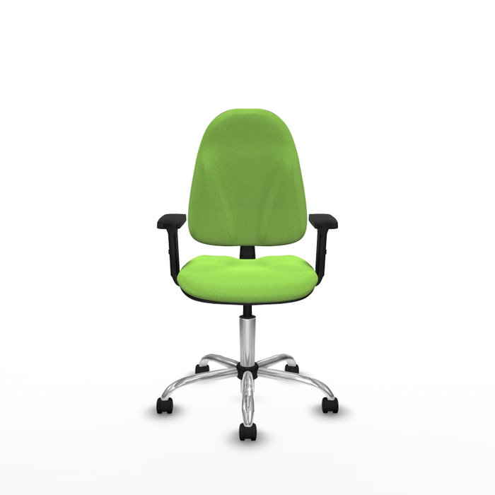 Silla de oficina Algarra con mecanismo Contacto permanente básico tapizada con Tela color Pistacho. Equipada con Base cromada, Brazos 2D y Ruedas de nailon 50 mm
