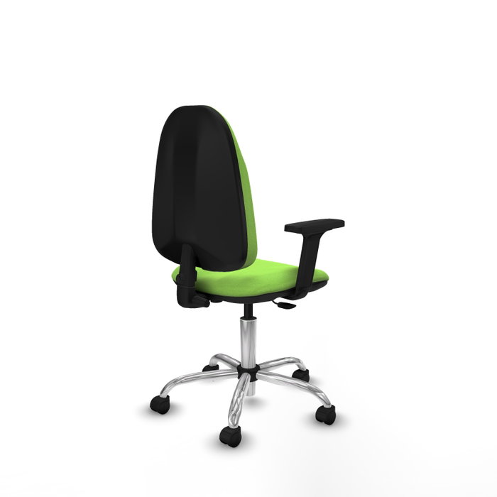 Silla de oficina Algarra con mecanismo Contacto permanente básico tapizada con Tela color Pistacho. Equipada con Base cromada, Brazos 2D y Ruedas de nailon 50 mm