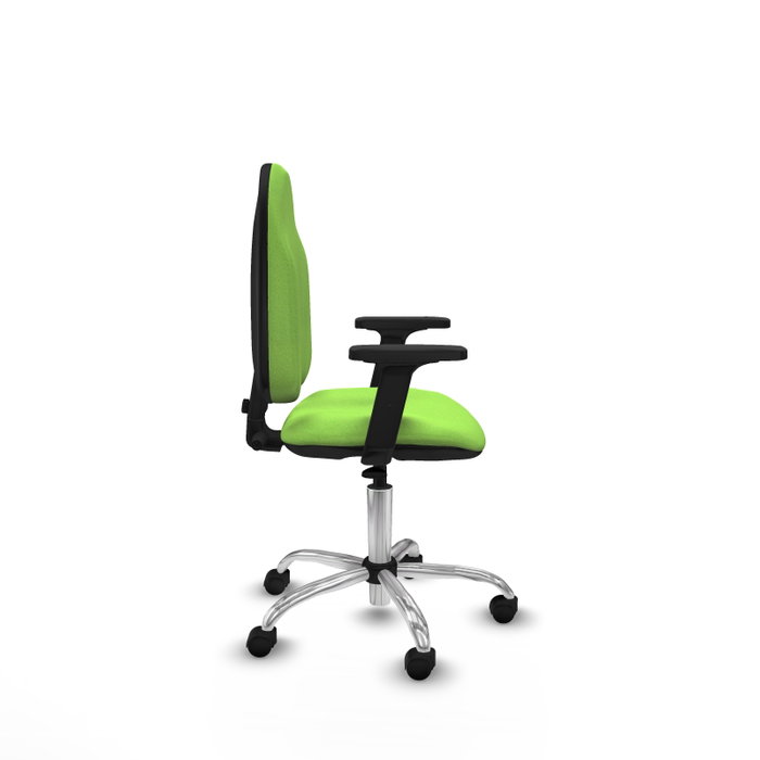 Silla de oficina Algarra con mecanismo Contacto permanente básico tapizada con Tela color Pistacho. Equipada con Base cromada, Brazos 2D y Ruedas de nailon 50 mm
