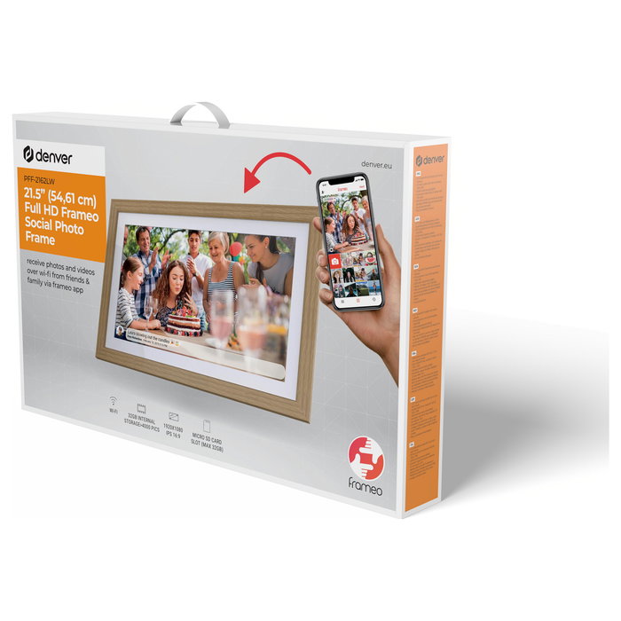 Denver Frameo PFF-2162LW Marco Digital de 21.5 Pulgadas, 1920x1080 Full HD, Pantalla IPS Táctil, WiFi, 32 GB, Alimentación CA, Color Marrón Claro
