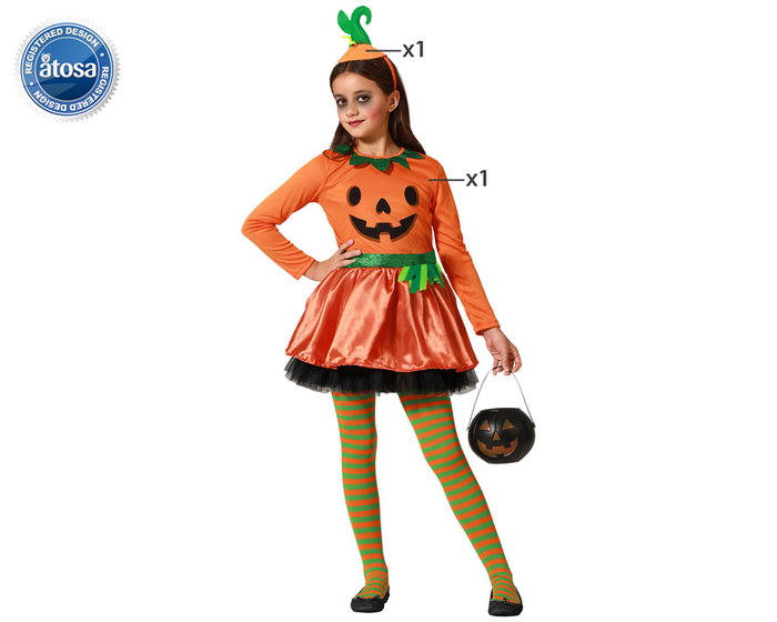 Halloween - Disfraz de Calabaza Naranja con Gorrito Tallo para Niña Halloween 5-6 Años - Vestido y Tocado - Poliéster Halloween - Disfraz de Calabaza Naranja con Gorrito Tallo para Niña Halloween 5-6 Años - Vestido y Tocado - Poliéster