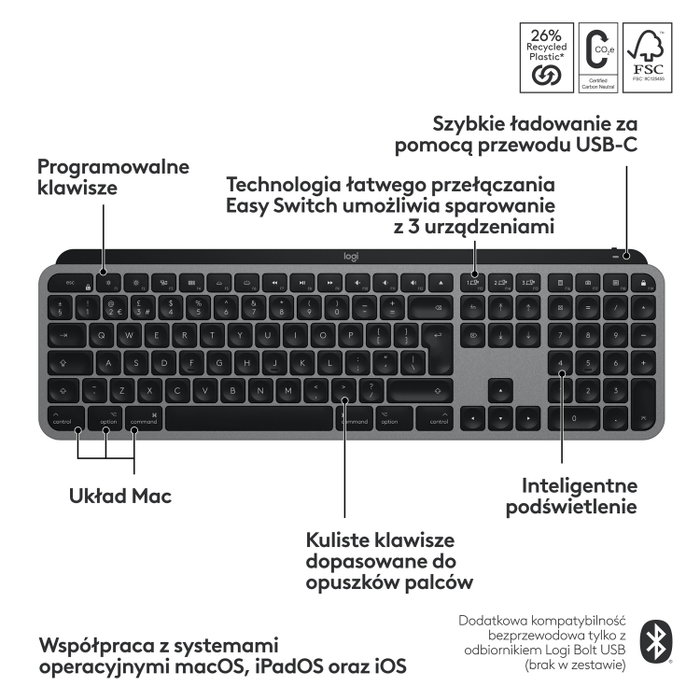 Logitech MX Keys S for Mac Gris grafito inalámbrico con retroiluminación Logitech MX Keys S for Mac Gris grafito inalámbrico con retroiluminación