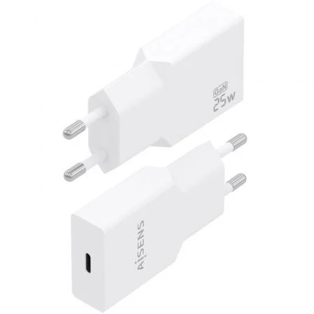 Aisens A110-0999 Cargador de Pared GaN 25W, Ultra Delgado, 1xUSB-C PD3.0, Tecnología AI, Blanco, Carga Rápida para Portátil, Móvil, Tablet