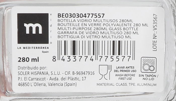 La Mediterranea Botella Vidrio Multiusos 280 ml (Ancho: 5 cm, Alto: 14 cm, Largo: 8 cm) (24 Unidades)