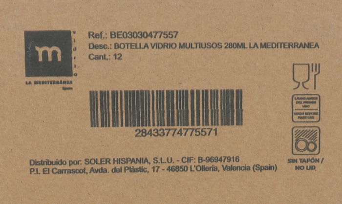 La Mediterranea Botella Vidrio Multiusos 280 ml (Ancho: 5 cm, Alto: 14 cm, Largo: 8 cm) (24 Unidades)