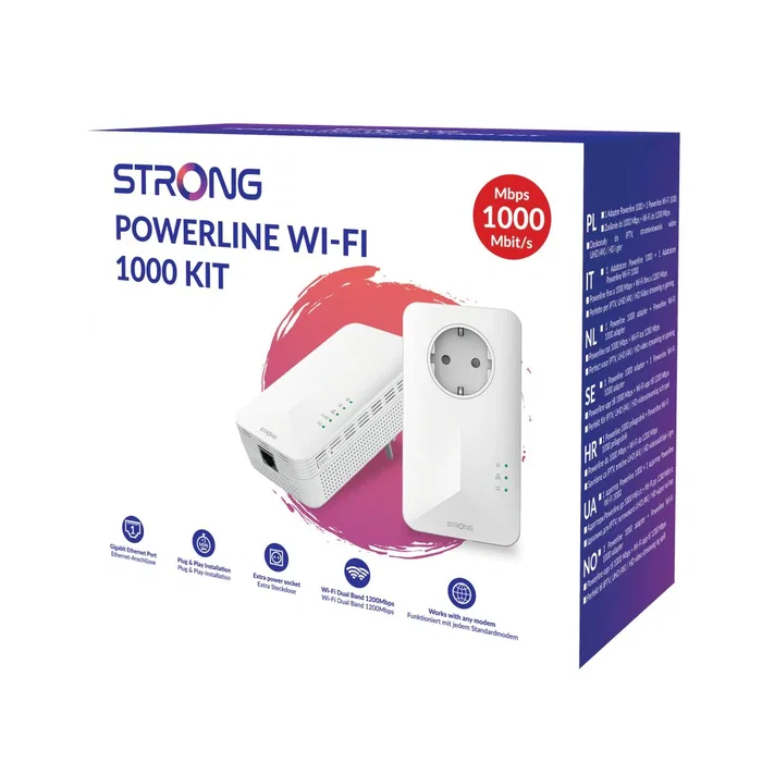 Strong POWERL1000DUOWIFIEUV2 Kit Adaptador PowerLine 1000 Mbps WiFi 5 (802.11ac) y Gigabit Ethernet, HomePlug AV2, Blanco, 2 Unidades