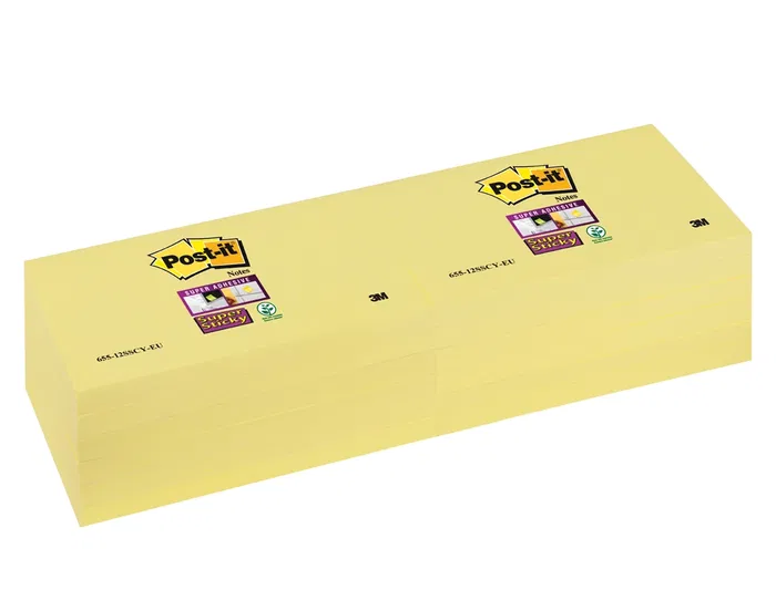 Post-it Bloc de Notas Adhesivas Super Sticky 76x76 mm Amarillo Canario con 12 Blocs Individuales