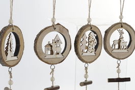 DKD Home Decor Decoración Colgante Navidad Alpina Natural Blanco 4x42x8 cm MDF Piña Metal (12 Unidades)