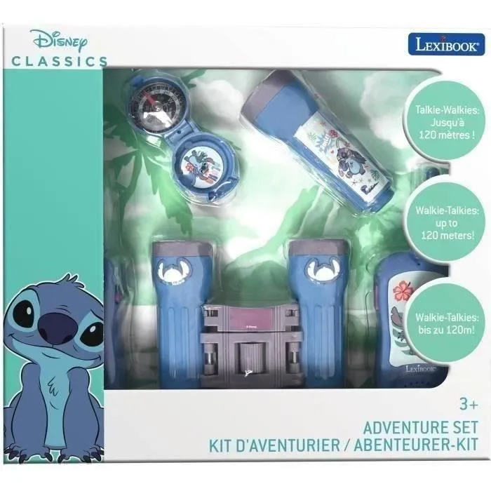 Lexibook Kit Aventurero con Walkie Talkies Stitch, Kikare, Brújula y Linterna para Niños