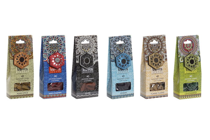 DKD Home Decor Set de 6 Conos de Incienso Surtidos con Soporte de Madera y Mandala