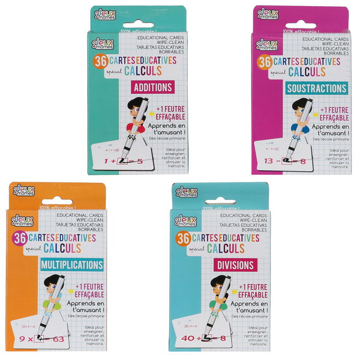 Jeux 2 momes Juego de 36 Cartas de Cálculo, Sumas, Restas, Multiplicaciones y Divisiones, Doble Cara, Plastificadas, Borrables con Rotulador