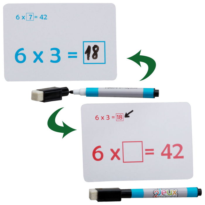 Jeux 2 momes Juego de 36 Cartas de Cálculo, Sumas, Restas, Multiplicaciones y Divisiones, Doble Cara, Plastificadas, Borrables con Rotulador