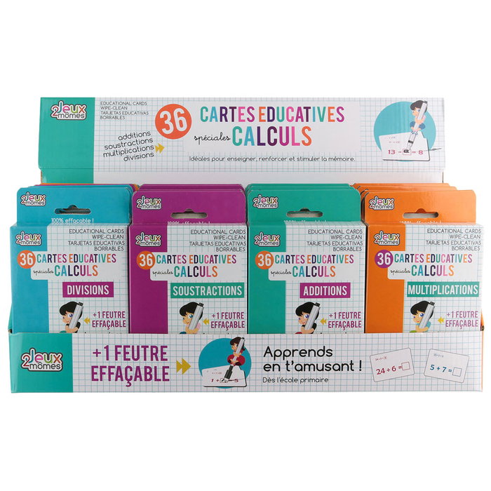 Jeux 2 momes Juego de 36 Cartas de Cálculo, Sumas, Restas, Multiplicaciones y Divisiones, Doble Cara, Plastificadas, Borrables con Rotulador