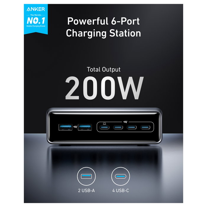 Anker Cargador de Escritorio Prime 200W GaN 4 x USB-C 2 x USB-A Negro A2683341
