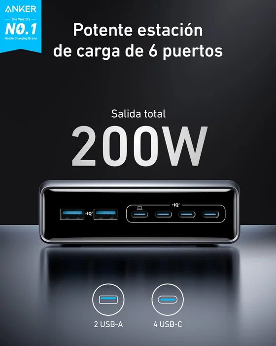 Anker Anker Prime Charger 200W Desktop GaN 4 x USB-C 2 x USB-A Negro Anker Anker Prime Charger 200W Desktop GaN 4 x USB-C 2 x USB-A Negro