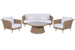 DKD Home Decor Sofá de Jardín Exterior 4 Piezas, Natural y Blanco, Ratan Sintético y Poliéster Desenfundable, 188 x 89 x 65 cm