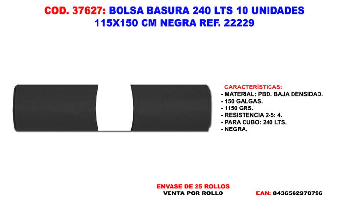 Bolsa de basura 240 L negra 115 x 150 cm (10 unidades) Bolsa de basura 240 L negra 115 x 150 cm (10 unidades)