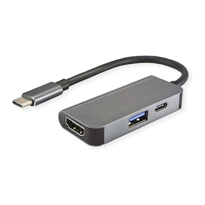 VALUE Adaptador de Visualización USB-C a HDMI y USB-A 3.2 Gen 1 con Carga PD, Cable 12cm, 4K 60Hz, Negro - 12.99.1141