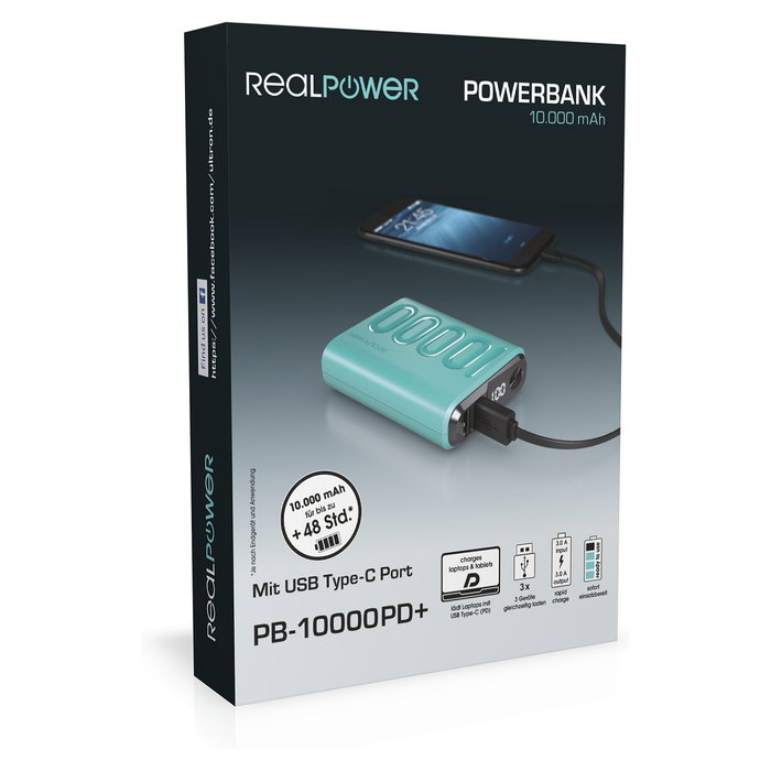 RealPower B-10000PD+ Nutopia Power Bank 10000mAh Carga Rápida USB-C 2xUSB-A Azul, Indicadores LED, CE