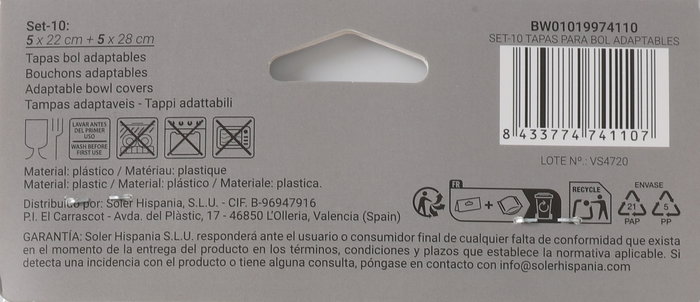 Wooow Set-10 Tapas Para Bol Adaptables - Alto 31 cm x Ancho 1 cm x Largo 14 cm (36 Unidades)