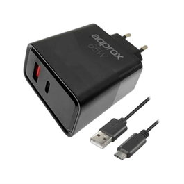 Approx Cargador de Pared USB 65W con 1x USB-C PD y 1x USB-A, Cable USB-A a USB-C Incluido