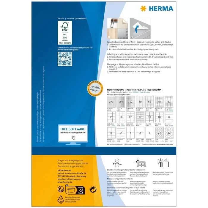 Herma 10315 Etiquetas A4 Blanco Rectángulo Redondeado Desmontable