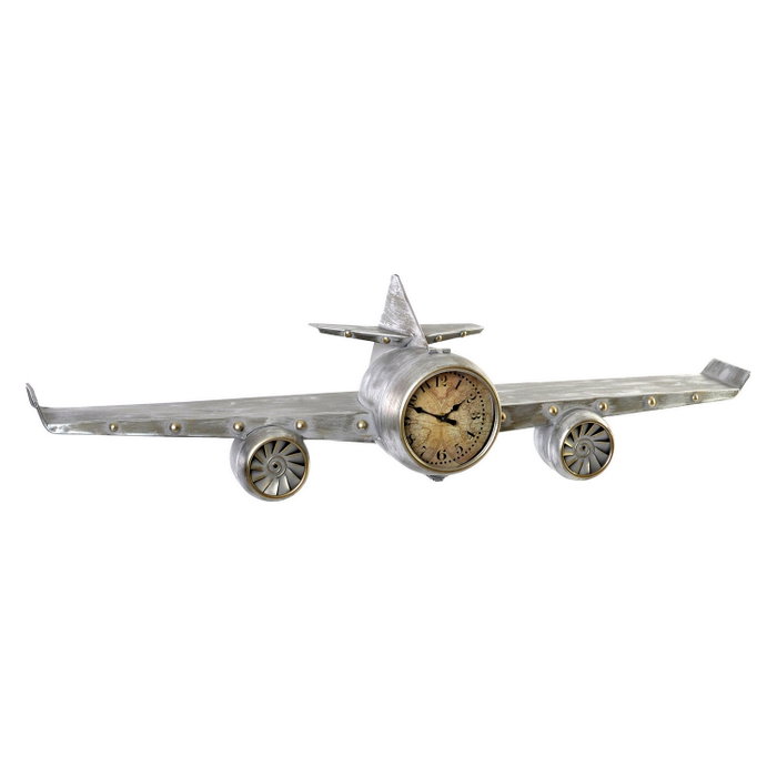 DKD Home Decor Reloj de Pared con Estantería Diseño de Avión Plateado