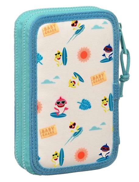 Plumier Doble Baby Shark Surfing Azul Blanco 12.5 x 19.5 x 4 cm (28 piezas)