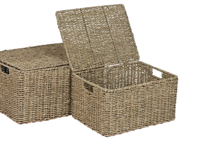 DKD Home Decor Set de 3 Cestas tipo Baúl de Fibra y Metal Natural DKD Home Decor Set de 3 Cestas tipo Baúl de Fibra y Metal Natural