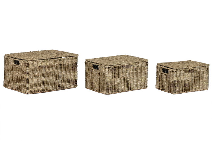 DKD Home Decor Set de 3 Cestas tipo Baúl de Fibra y Metal Natural DKD Home Decor Set de 3 Cestas tipo Baúl de Fibra y Metal Natural