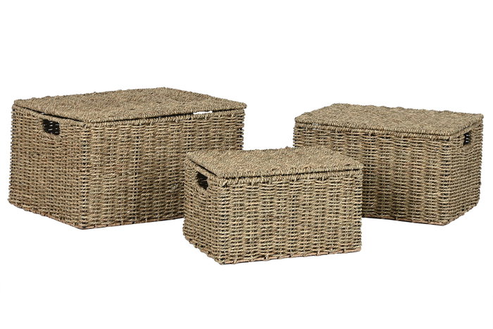 DKD Home Decor Set de 3 Cestas tipo Baúl de Fibra y Metal Natural DKD Home Decor Set de 3 Cestas tipo Baúl de Fibra y Metal Natural