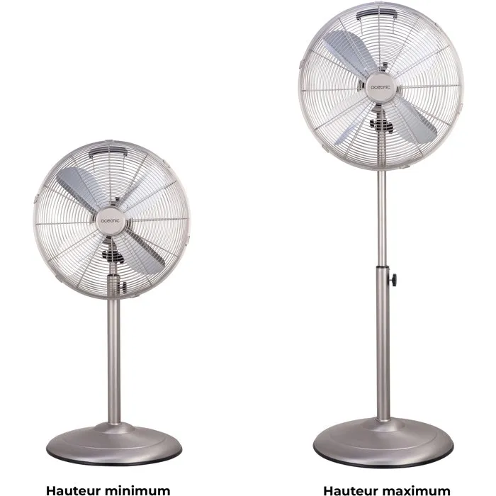 Oceanic OCEAVPI50W Ventilador de Pedestal de 40 cm, 3 Velocidades, 50 W, Altura Ajustable 90-125 cm, Aspas de Aluminio, Acabado Metálico Cepillado