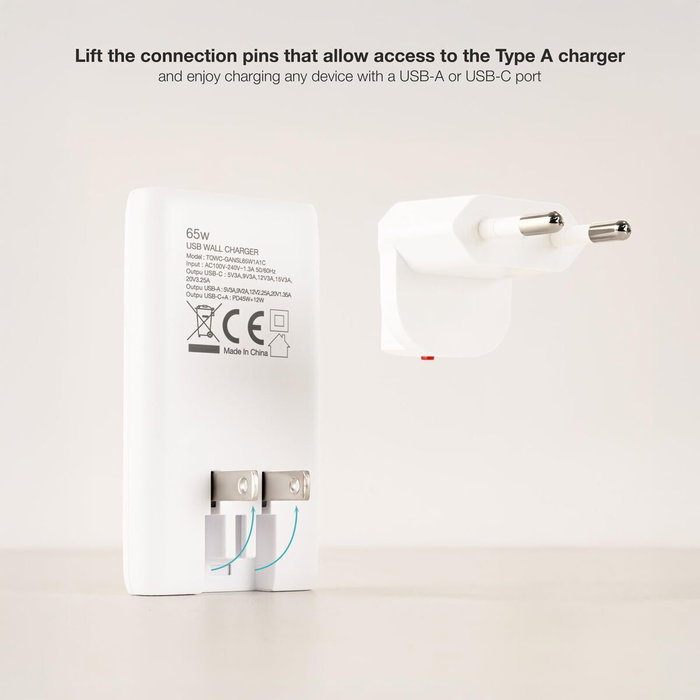 Tooq Cargador de Pared GaN 65W con USB-C PD y USB-A QC Blanco TQWC-GANSL65W1A1C Tooq Cargador de Pared GaN 65W con USB-C PD y USB-A QC Blanco TQWC-GANSL65W1A1C