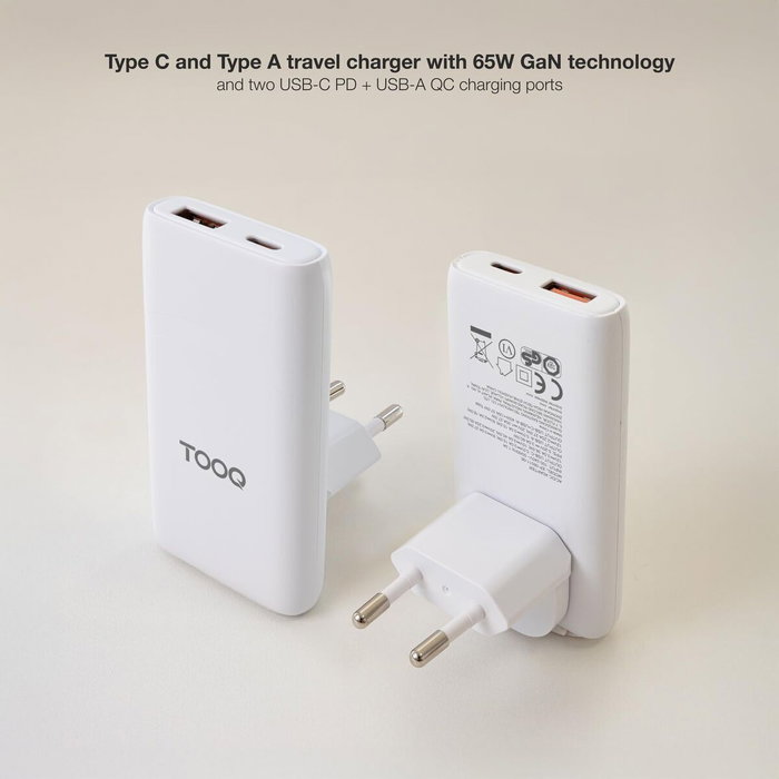 Tooq Cargador de Pared GaN 65W con USB-C PD y USB-A QC Blanco TQWC-GANSL65W1A1C Tooq Cargador de Pared GaN 65W con USB-C PD y USB-A QC Blanco TQWC-GANSL65W1A1C