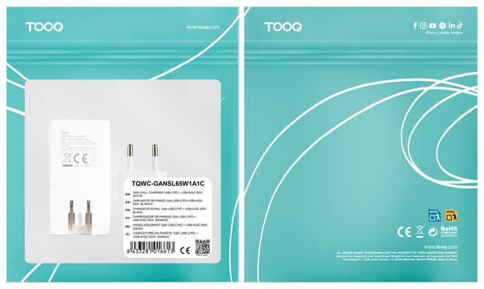 Tooq Cargador de Pared GaN 65W con USB-C PD y USB-A QC Blanco TQWC-GANSL65W1A1C Tooq Cargador de Pared GaN 65W con USB-C PD y USB-A QC Blanco TQWC-GANSL65W1A1C