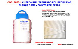 Cuerda de riel trenzado polipropileno blanca 3 mm x 50 mts
