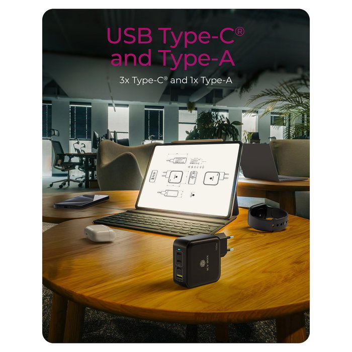 ICY BOX IcyBox 4-Port 100W GaN con PD 3.0 - Cargador de Pared USB-C Compacto y Rápido